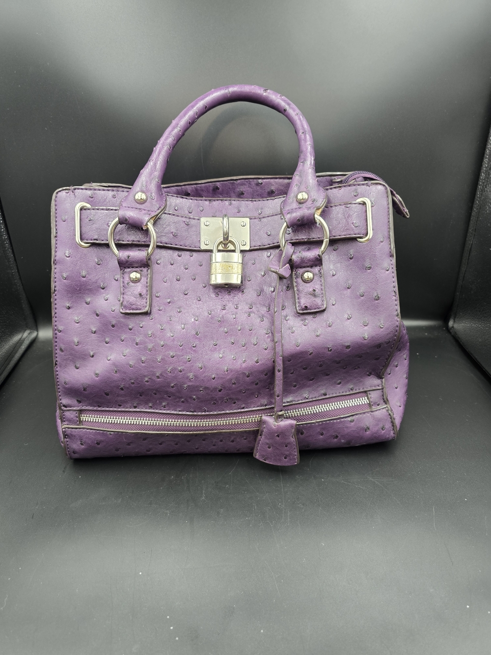 Purple Ostrich-Texture Satchel Handbag with Lock Detail
